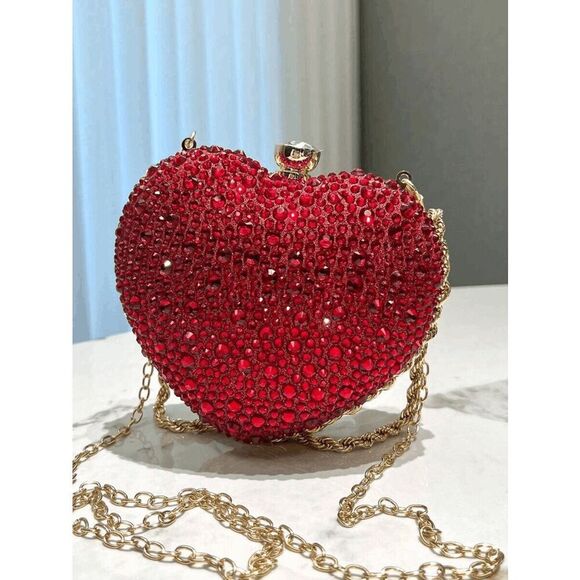 ❤️💎 Jeweled Sparkling Rhinestone Red Heart Shaped Chain Clutch Purse Bag NEW - Picture 9 of 16